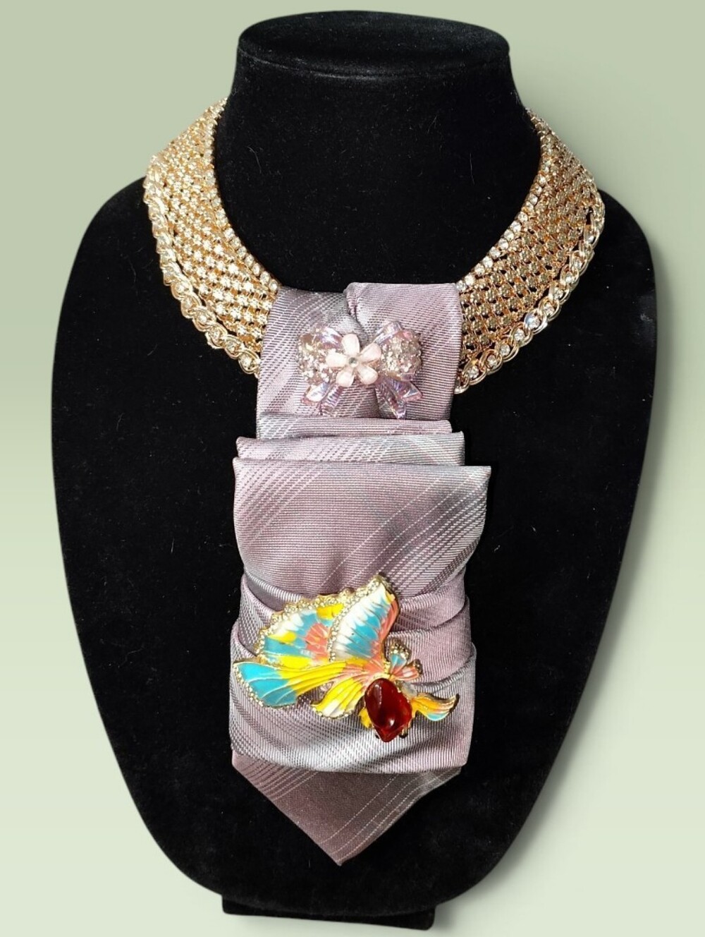 Lavender Statement Necktie Necklace with Multicolor Brooch - Picture 2 of 3
